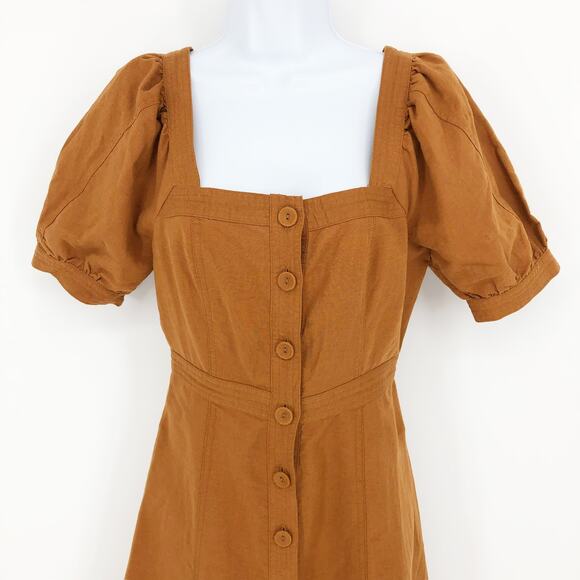 Madewell Womens Midi Dress 00 Brown Seamed Puff-Sleeve Button Front NK416 NWT - Picture 5 of 14
